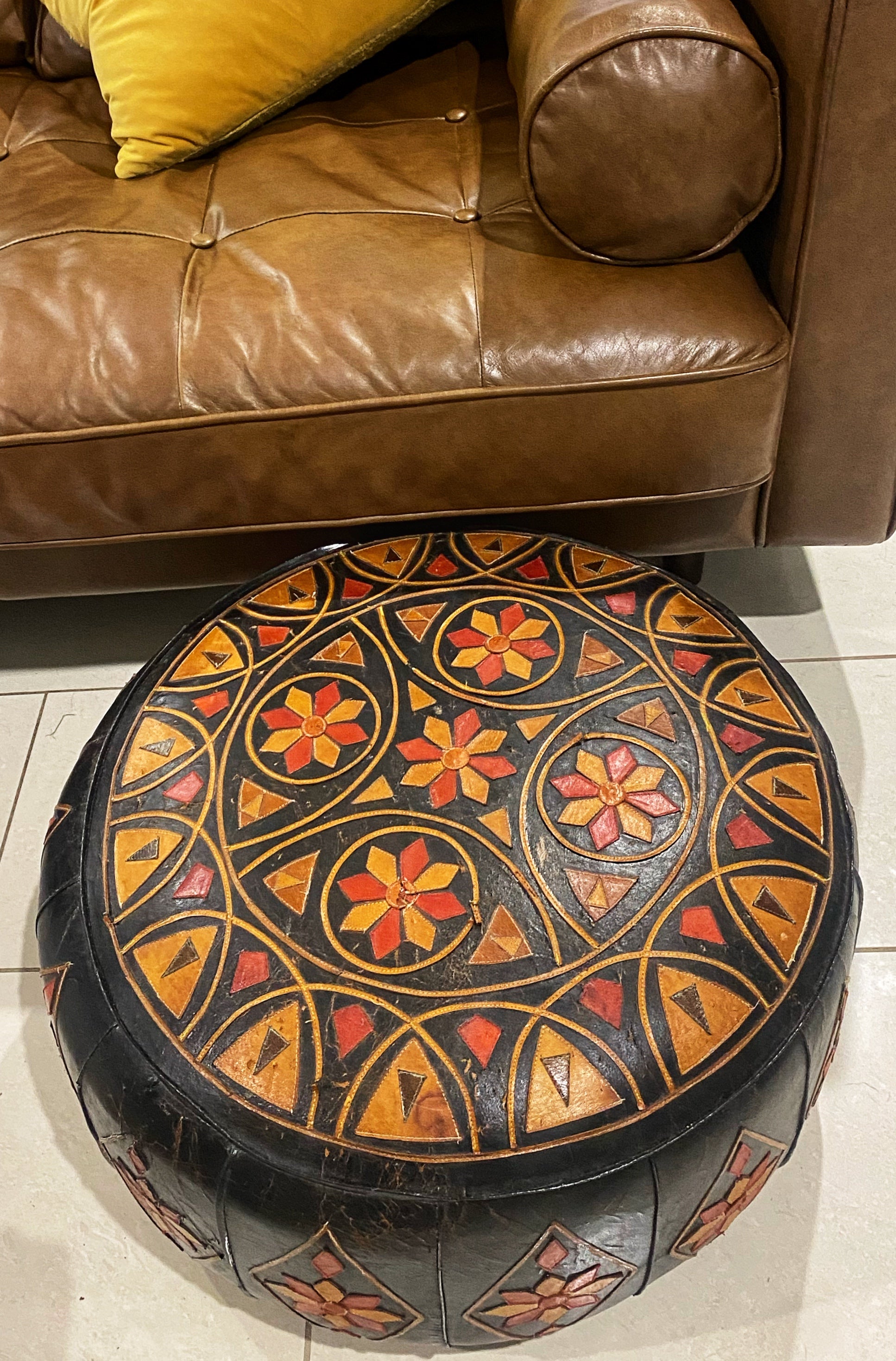 Vintage Leather Patchwork Moroccan Ottoman