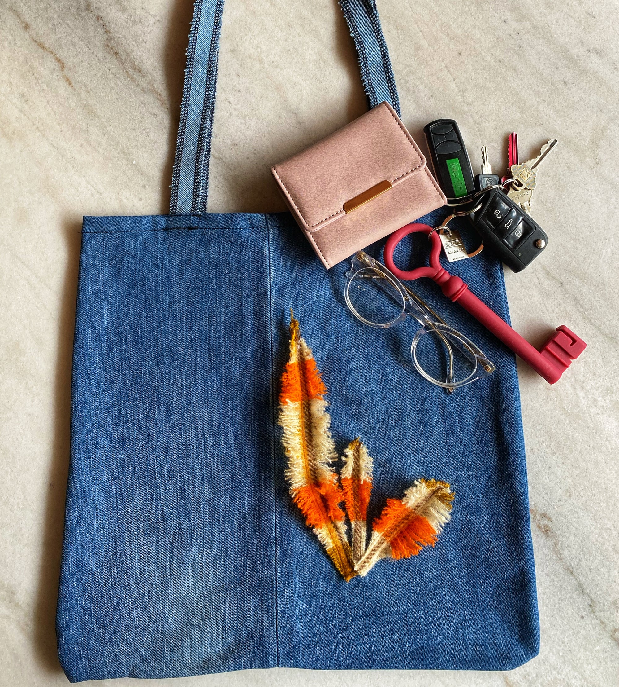 Upcycled Denim Market Bag With Blanket Feathers