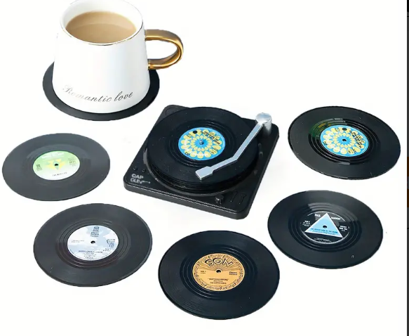 Vinyl Retro Coasters with Record Player Holder